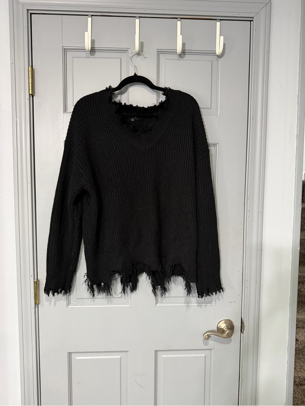 Distressed Black V-Neck Knit Sweater